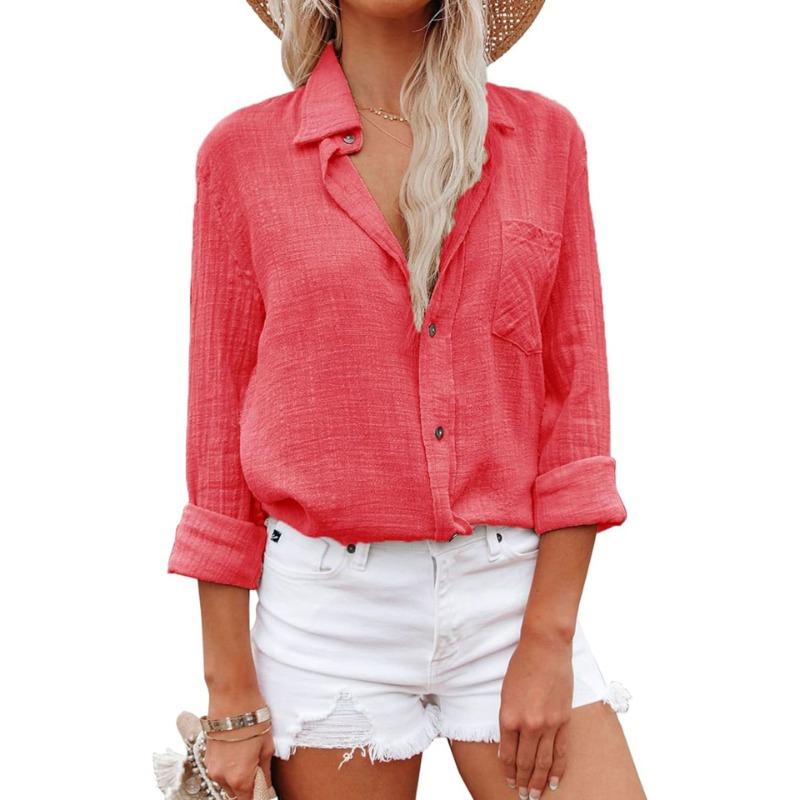 Женская новая весенне-летняя повседневная рубашка с V-образным вырезом и длинными рукавами на пуговицах