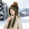 Ear Warmer Hat for Cycling Women Knitted Earflap Hat, Fuzzy Trim Pompom Soft Warm Protection Cap Winter Knit Outdoor Cycling, Cold Weather Daily Wear