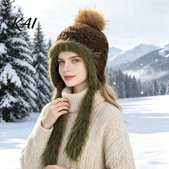 Ear Warmer Hat for Cycling Women Knitted Earflap Hat, Fuzzy Trim Pompom Soft Warm Protection Cap Winter Knit Outdoor Cycling, Cold Weather Daily Wear