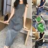 Women Vest Dress Pleated Loose Round Neck Solid Color Straight OL Commuting