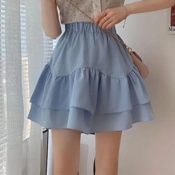 Skirts for Women Ruffled A-line Skirt Female Summer Thin Tutu Skirts Solid Color Preppy Style Elastic High Waist Casual Skirt