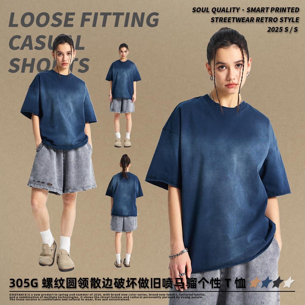 305 г/м² 100% хлопок стираная футболка с индивидуальным принтом мужские футболки персонализированная футболка