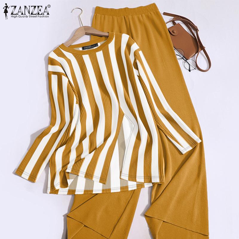 ZANZEA Женский осенний комплект из полосатой футболки с круглым вырезом и длинными рукавами и брюками