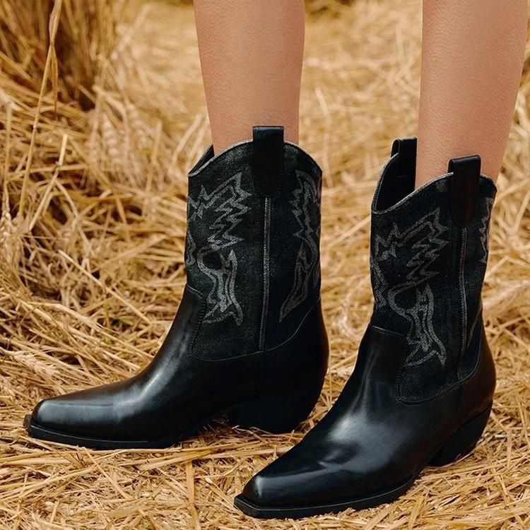 Коровья кожа~ Женские короткие ботинки в западном стиле с эффектом стирки, на толстом каблуке, ковбойские ботинки с дизайнерским акцентом, ботильоны на высоком каблуке, летние модные ботинки с принтом