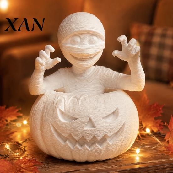 Unique Tabletop Display Piece 3D Printed Pumpkin Boy Figurine, Unpainted White DIY Statue, Detailed Mummy Ghost Figurine Halloween Sculpture, Creative