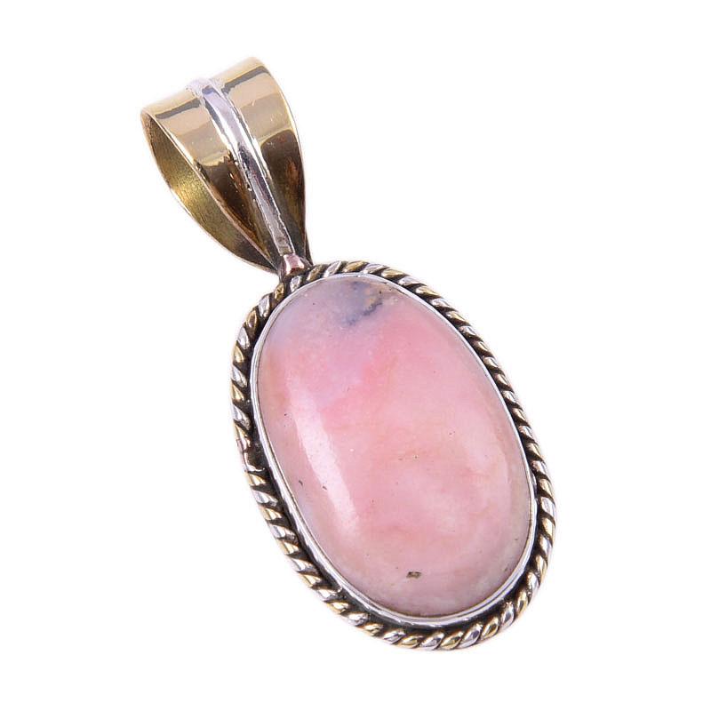 Natural Pink Opal Gemstone 925 Solid Sterling Silver Two Tone Pendant 1.25" K6a88