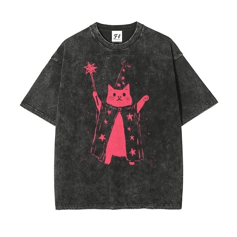Pink Wizard Cat with Star Wand Vintage S~5XL Oversize Unisex Washed T-Shirt for