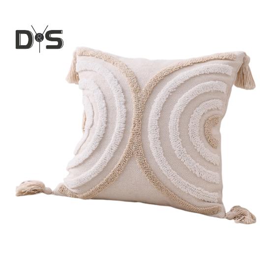 Boho Throw Pillow with Braided Rope Pattern And Tassels Soft Cotton Linen Textured Cushion for Sofa Bed Office