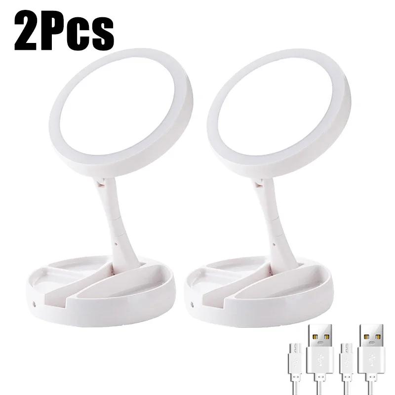 Зеркало для макияжа, складное, со светодиодной подсветкой, белое, вращающееся на 360°, съемное/с подставкой для хранения, 3 режима, зеркало с зарядным устройством USB