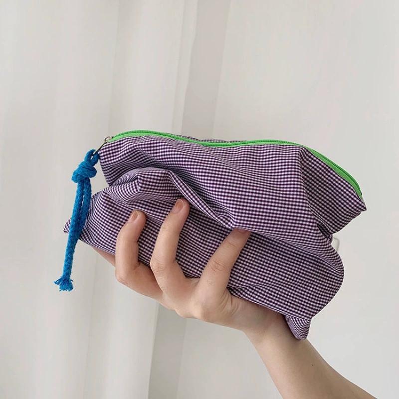 Женская и девичья клетчатая косметичка из хлопка и льна с застежкой-молнией, простая портативная сумка для хранения большой емкости, модная