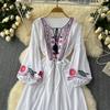 Винтажное элегантное платье с V-образным вырезом и вышивкой, рукавами-фонариками, повседневное платье-трапеция для женщин, модное летнее весеннее платье-платье