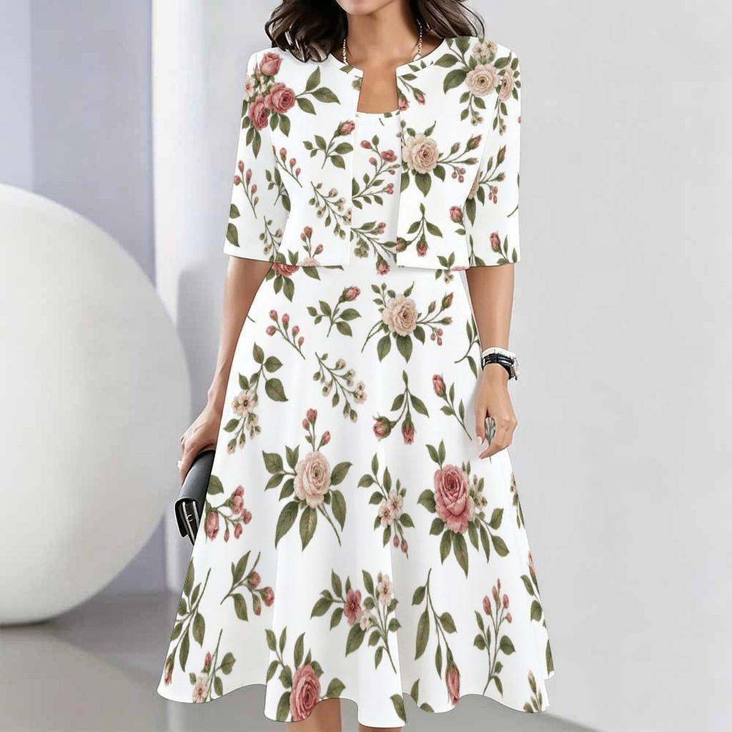 Women Plus Size Two Piece Set Round Neck Sleeveless Flared Dress Short Sleeve Cropped Cardigan Printed Floral Leaf