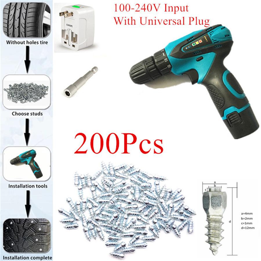Winter Tyre Studs Snow Spikes Electric Gun Install Tools W/ 200Pcs H12 Tire Nail