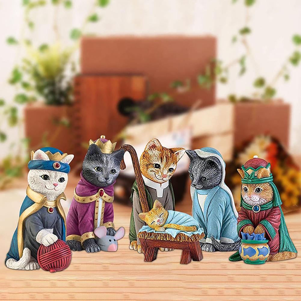 Unique Cat Resin Sculptures Ornaments Feline Nativity Scene Collectible Figurines Home Indoor