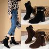 Women's Autumn and Winter Square Headed Thick Heel Short Boots with Suede Panel Back Zipper Thick Heel High Heel Slim Boots