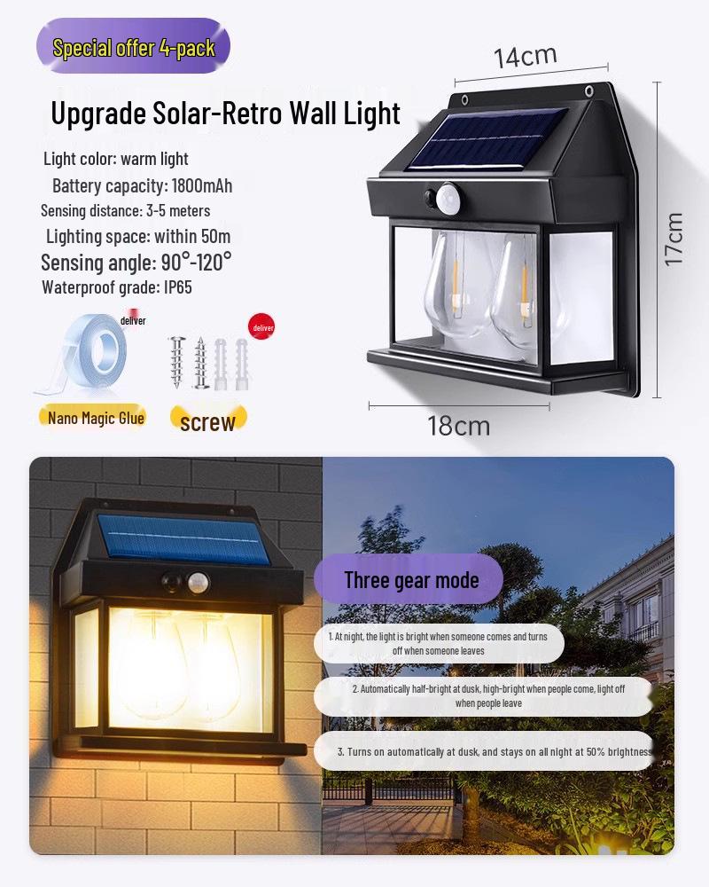 Солнечный уличный водонепроницаемый настенный светильник для двора, входа на виллу и садового патио