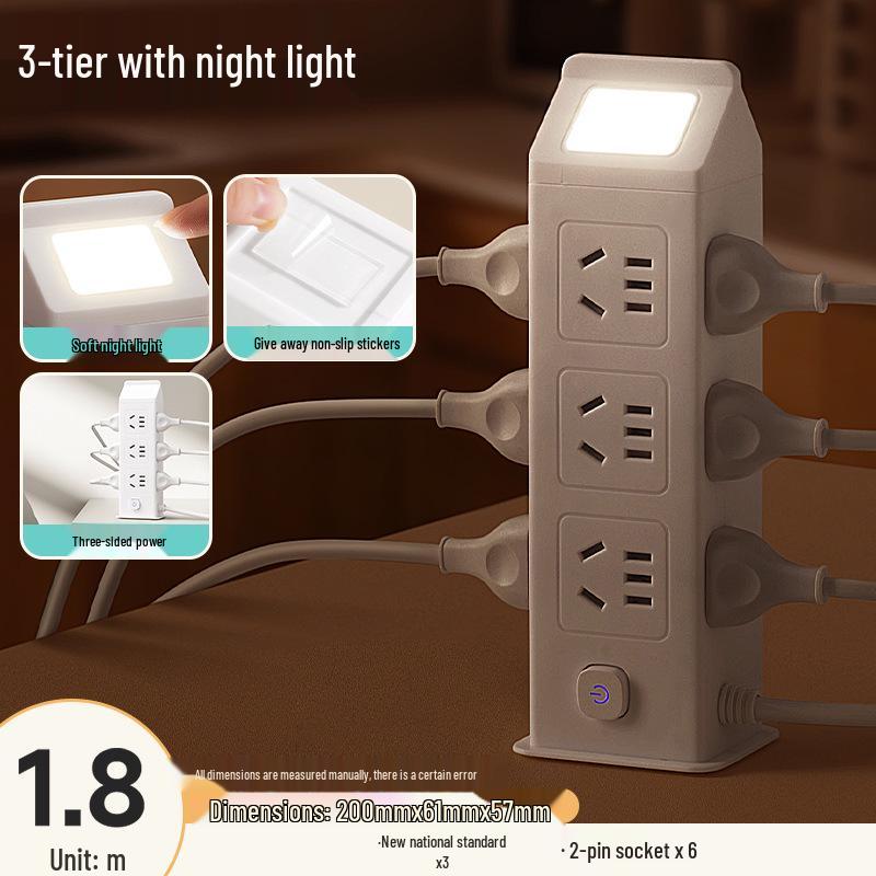 Vertical Multi-Functional Power Strip with USB Charging, Individual Switches, and Extension Cord