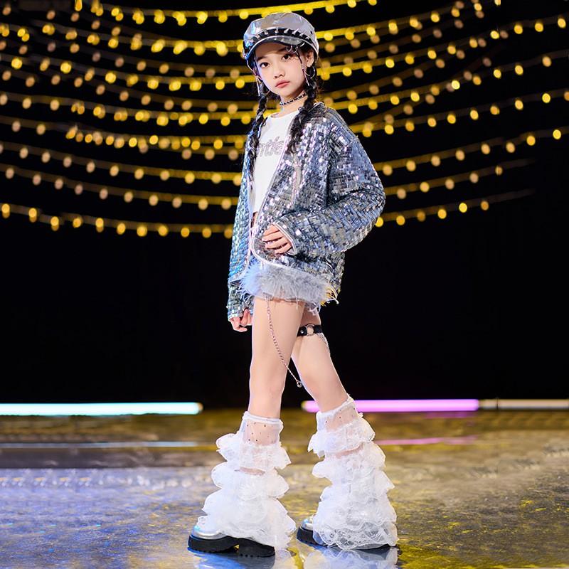 Kids Hip Hop Dance Costume Shiny Sequined Jazz Performance Set Boys Girls