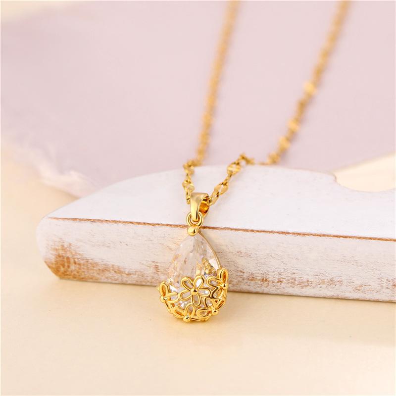 Elegant Water Drop Pendant Necklace 18K Gold Titanium Steel Water Drop Crystal Zircon Necklace for Women