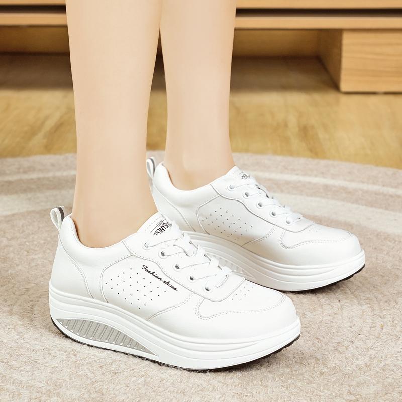 Women's Height Increase White Leather Wedge Sneakers Casual Thick Sole Loafers Girls Minimalist Maternity Shoes