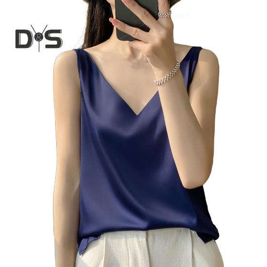 Женский жилет с V-образным вырезом без рукавов, однотонные топы свободного кроя из гладкого атласа, универсальная повседневная одежда