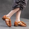 Johnature Genuine Leather Hand Woven Breathable Sandals Retro Round Toe Low Heel Women's Shoes