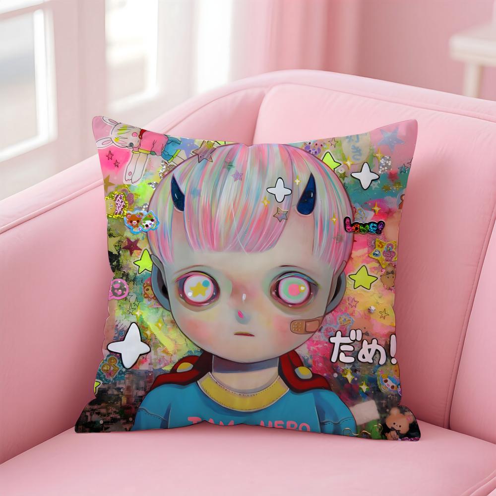 Whimsical Japanese Abstract Art Cute Emo HHikari Shimoda Cushion Cover Pillow Case Soft Skin Friendly Fabric Concealed Zipper