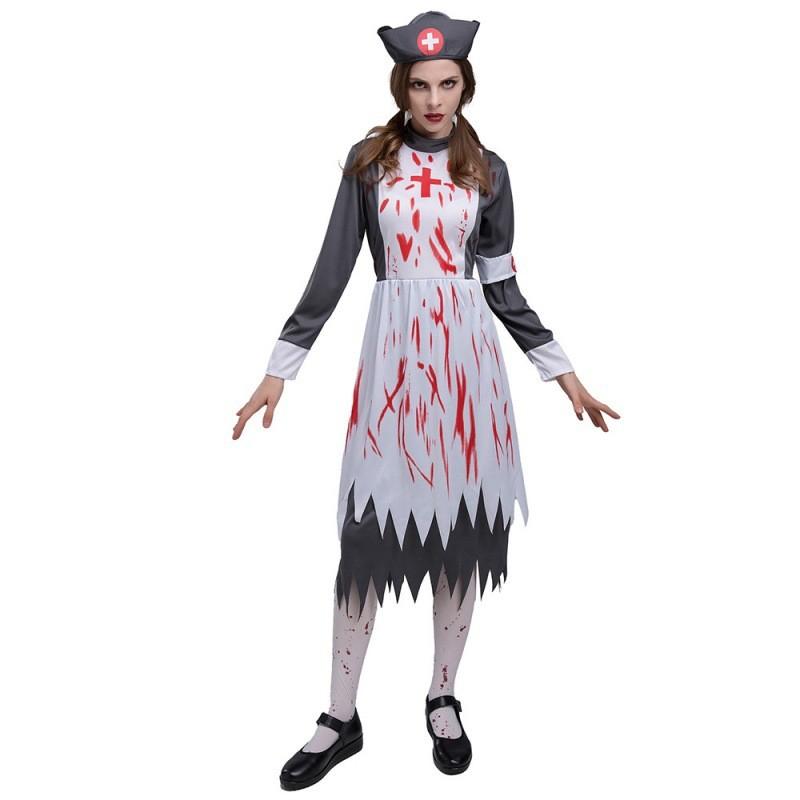 Жуткий костюм медсестры-зомби для взрослых с великолепным платьем и шляпкой для вечеринок на Хэллоуин