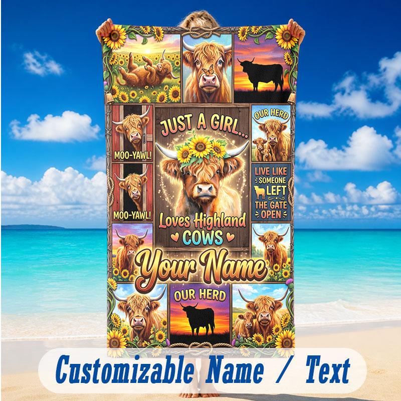 Cow Highland Theme Beach Towel Personalized Custom Name & Text Soft Quick Dry Beach Towel for Swimming Travel
