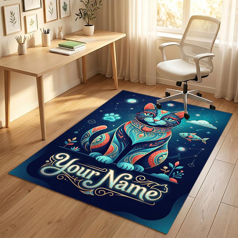 Cat Theme Crystal Velvet Rug Personalized Custom Name Text Soft Floor Mat Home Decor
