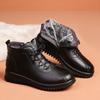 Elderly Women's Winter Warm Genuine Leather Anti Slip Cotton Shoes Mom's Fleece Lined Flat Lace Up Zipper Short Boots