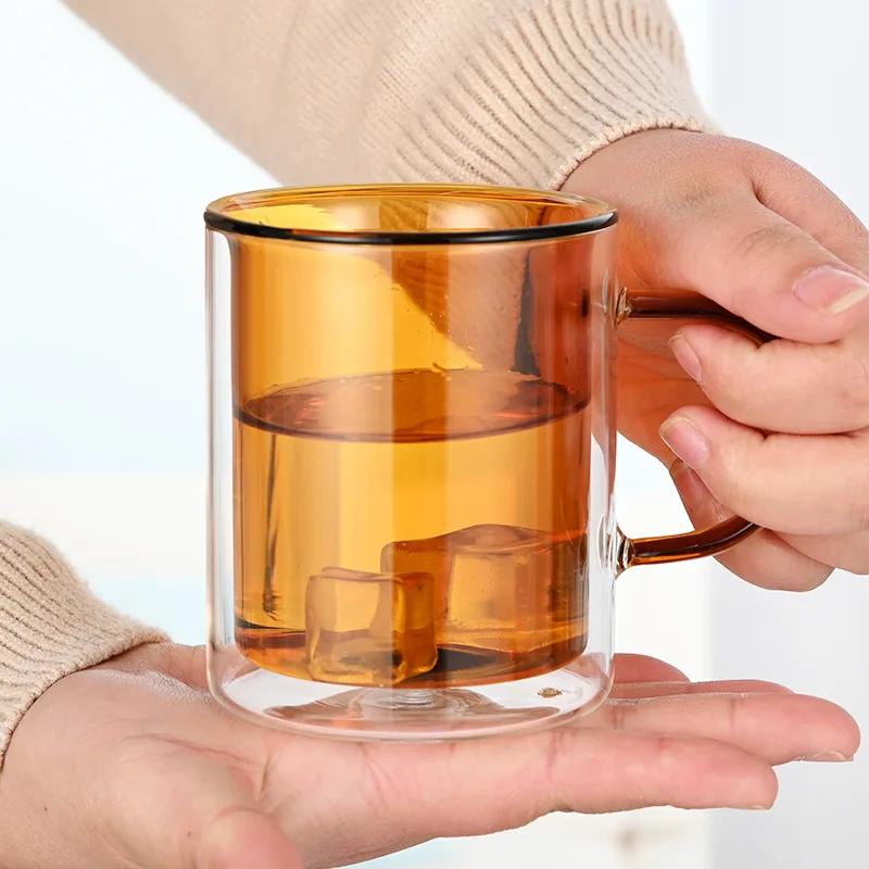 Colored Glass Coffee Mug Double-layer Mugs Coffee Cups Thermal Insulation Drinkware Cup Glassware Kitchen Dining Bar Home Garden