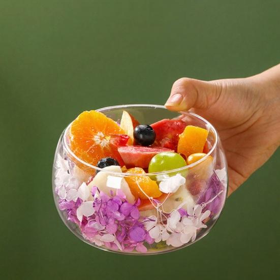 Стеклянная миска с двойными стенками с настоящими прессованными цветами, термо- и холодостойкая, прозрачная миска для подачи салатов, десертов, милый декор для дома и кухни