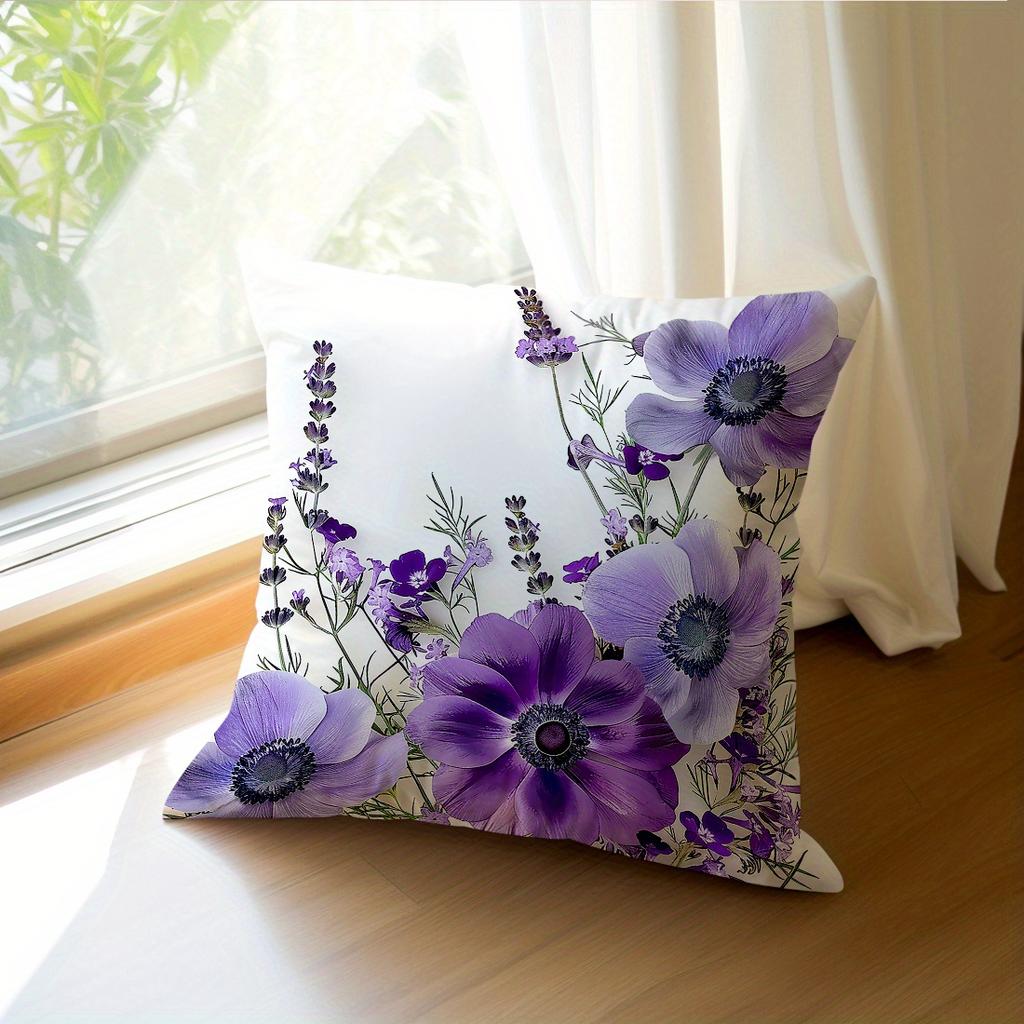 Purple Anemone Lavender Pillow Cover Vintage Botanical Floral Print Boho Wildflower Cushion Case For Sofa Bed Couch Home Decor