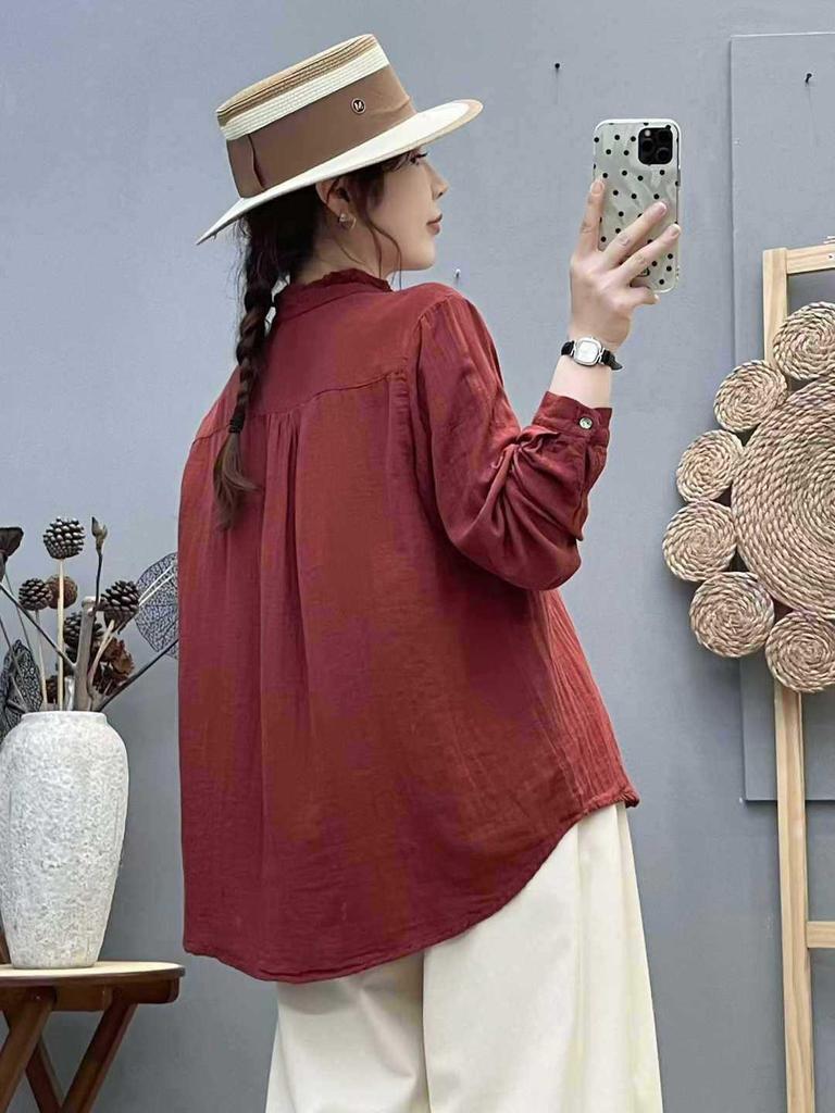 Женская хлопковая рубашка с длинным рукавом и вышивкой, этнический стиль, свободный крой, ретро, стройнящий топ