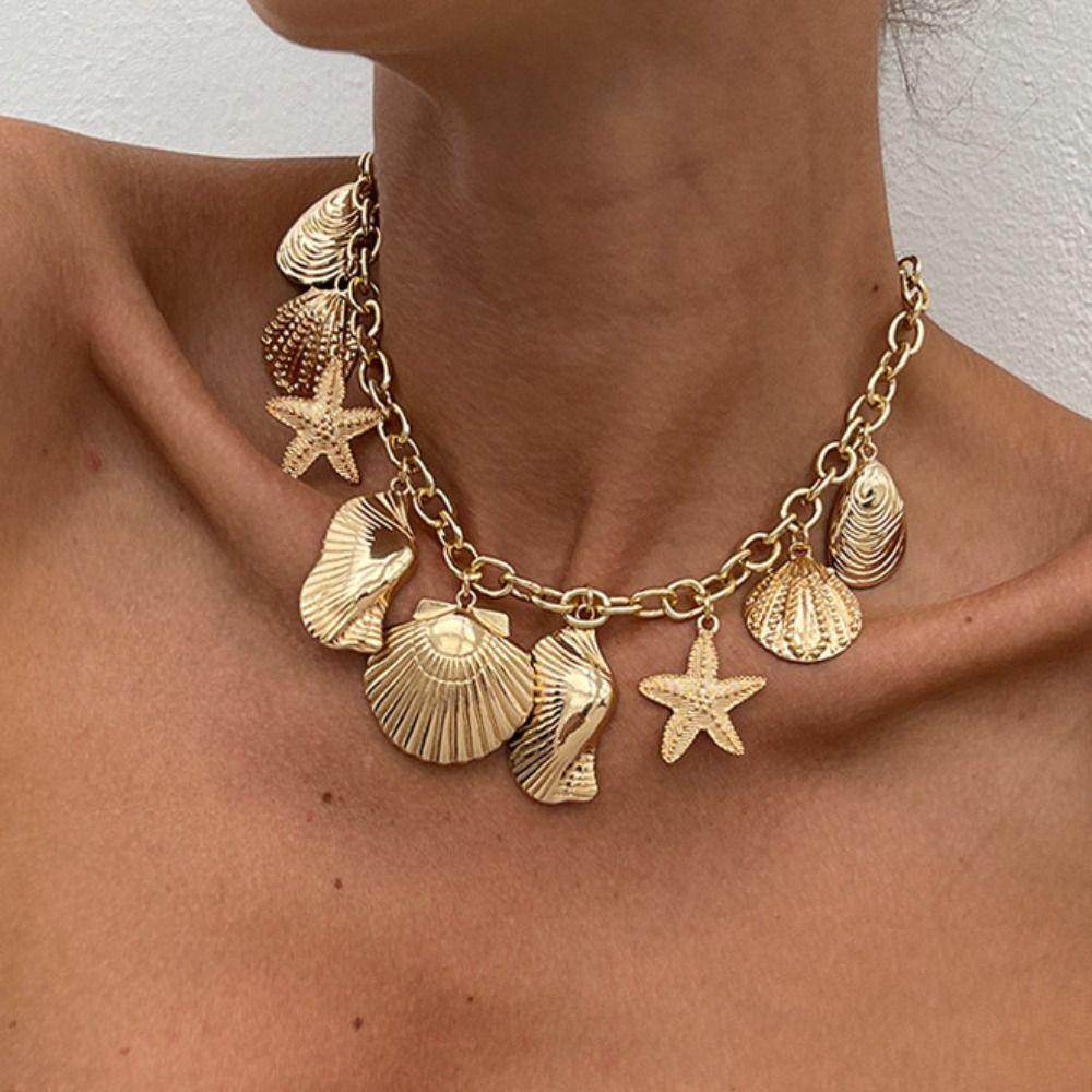 Beach Style Pearl Shell Necklace Double Layer Exaggerate Metal Necklace Starfish Necklace  Women