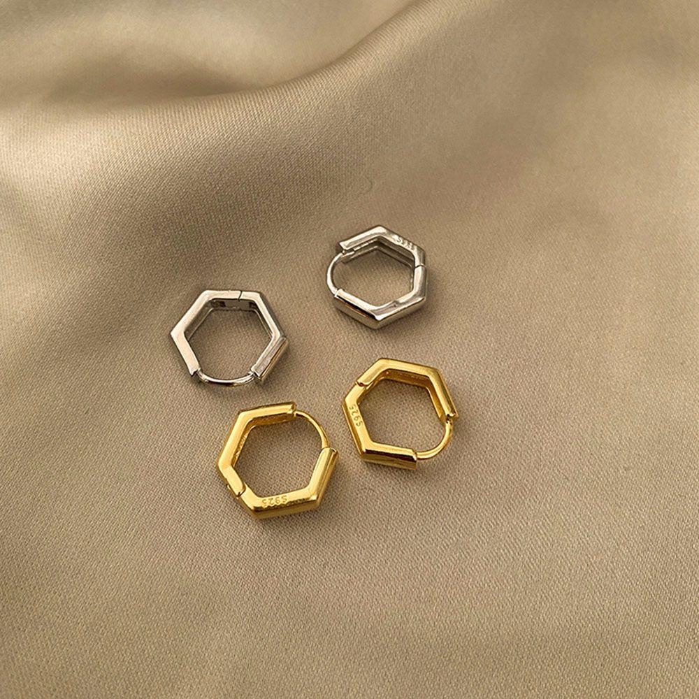 Gold Color Geometric Polygon Glossy Fashion Jewelry Square Earrings Ear Studs Hexagon Hoop Earrings