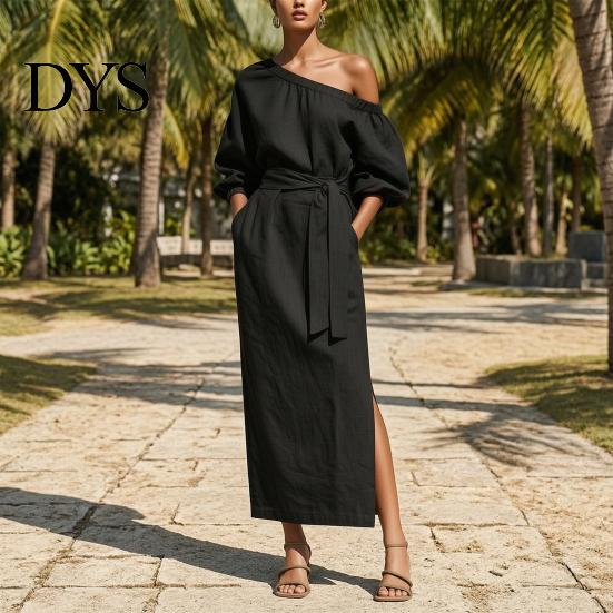 Daily Wear Dress Women One Shoulder Long Dress, Solid Color Tie Waist Side Split Everyday Dresses Casual Party Sleeve Maxi for Summer Office