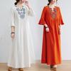 Real Shot Summer New Ethnic Style Loose Embroidery Flower Cotton and Linen V-neck Seven-quarter Sleeve Dress Women's Clothing