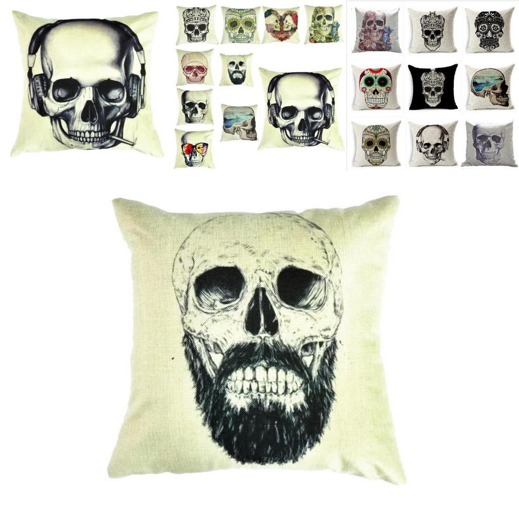 Skeleton Head Throw Pillow Cover With Linen Fabric For Home Decor And Living Room