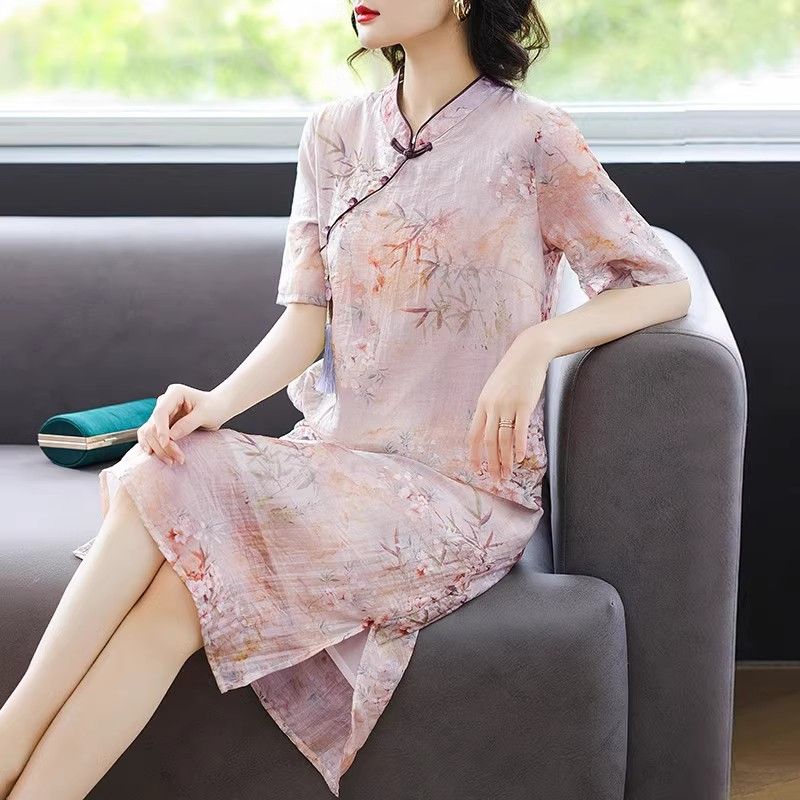 Роскошное шелковое платье-чонсам в китайском стиле для женщин с короткими рукавами, элегантное платье для мам длиной выше колена