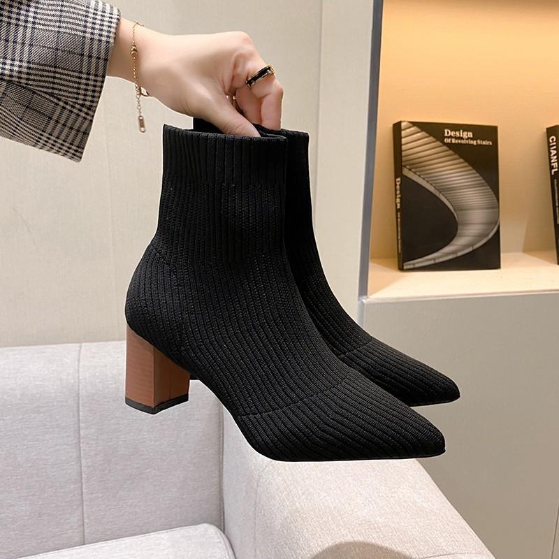 Вязаные ботильоны для женщин весна осень мода готика эластичные носки туфли-лодочки сапоги на высоком каблуке сексуальные платья сапоги женские