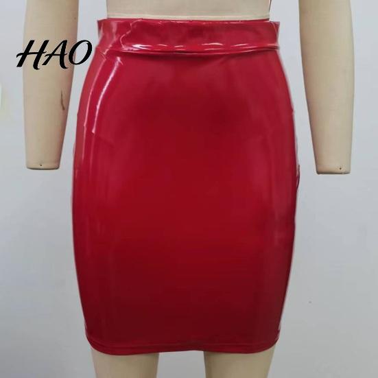 Slimming High Waist Skirt Women Club Faux Leather Skinny Sheath Zipper Closure Solid Knee Length Color Glossy Surface Slim Fit Lady Party Dating