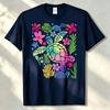 Vibrant Rainbow Sea Turtle Tropical Plumeria Hibiscus Palm Leaves Print Cotton Tshirt Graphic Tee Ocean Beach Casual Daily Tops