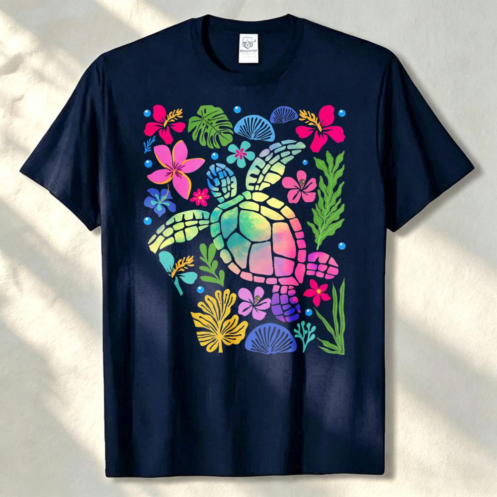 Vibrant Rainbow Sea Turtle Tropical Plumeria Hibiscus Palm Leaves Print Cotton Tshirt Graphic Tee Ocean Beach Casual Daily Tops