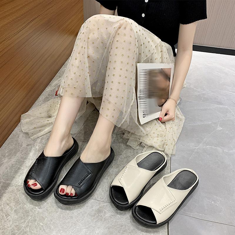 Leather Wedge Sandals and Slippers Women's 2024 Summer New Thick Bottom Raised Platform Shoes Fish Mouth One Word Flip Sandals