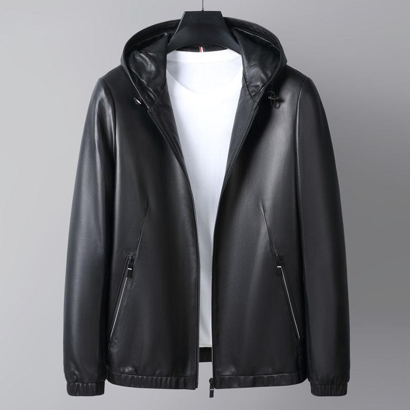 Новая стильная куртка из овчины, мужская модная повседневная кожаная куртка с капюшоном, пальто из натуральной кожи, кожаная куртка