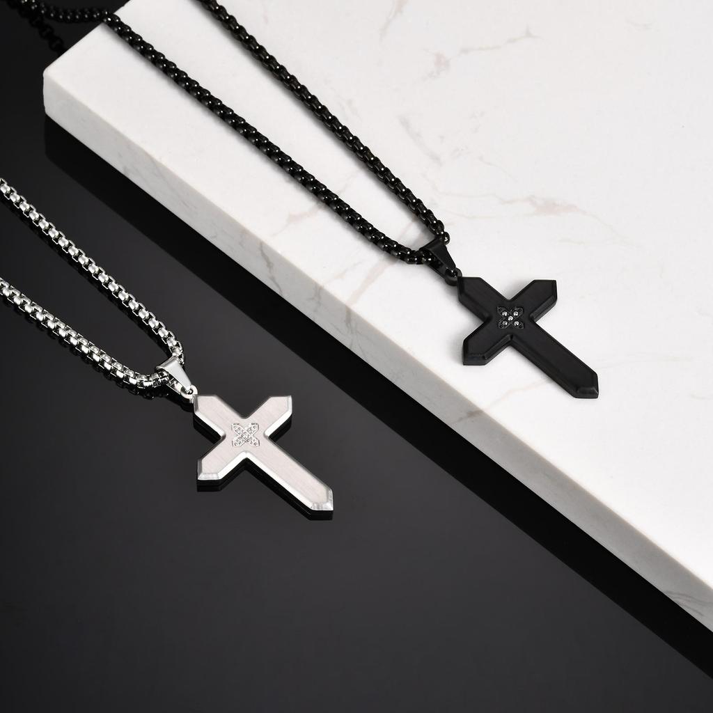 Stylish Stainless Steel Matte Cross Pendant Necklace With Zircon, Waterproof Christian Religious Faith Prayer Jewelry for Men
