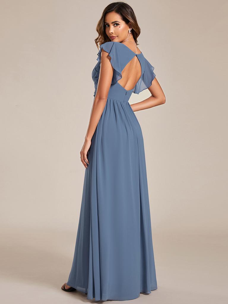 Ever-Pretty Women's A-Line V Neck Pleated Belted Ruffles Sleeves Open Back High Waist Bridesmaid Dresses