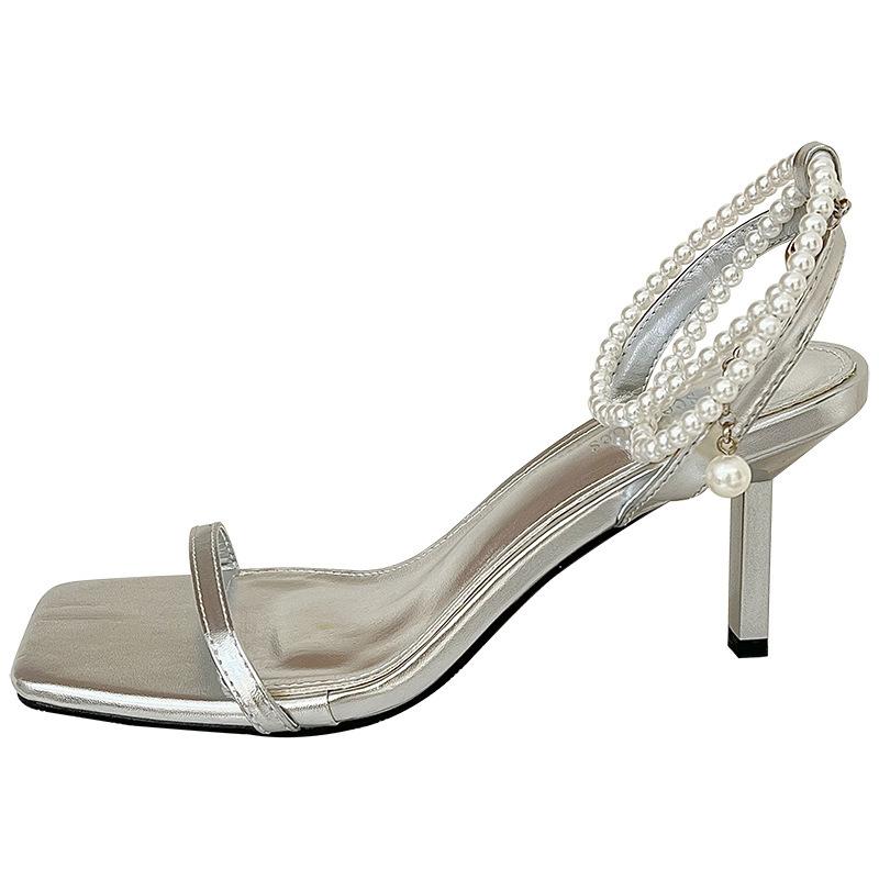 Mermaid Pearl, Temperament Versatile One-word Sandals Women's 2024 New Pearl Stiletto High Heels